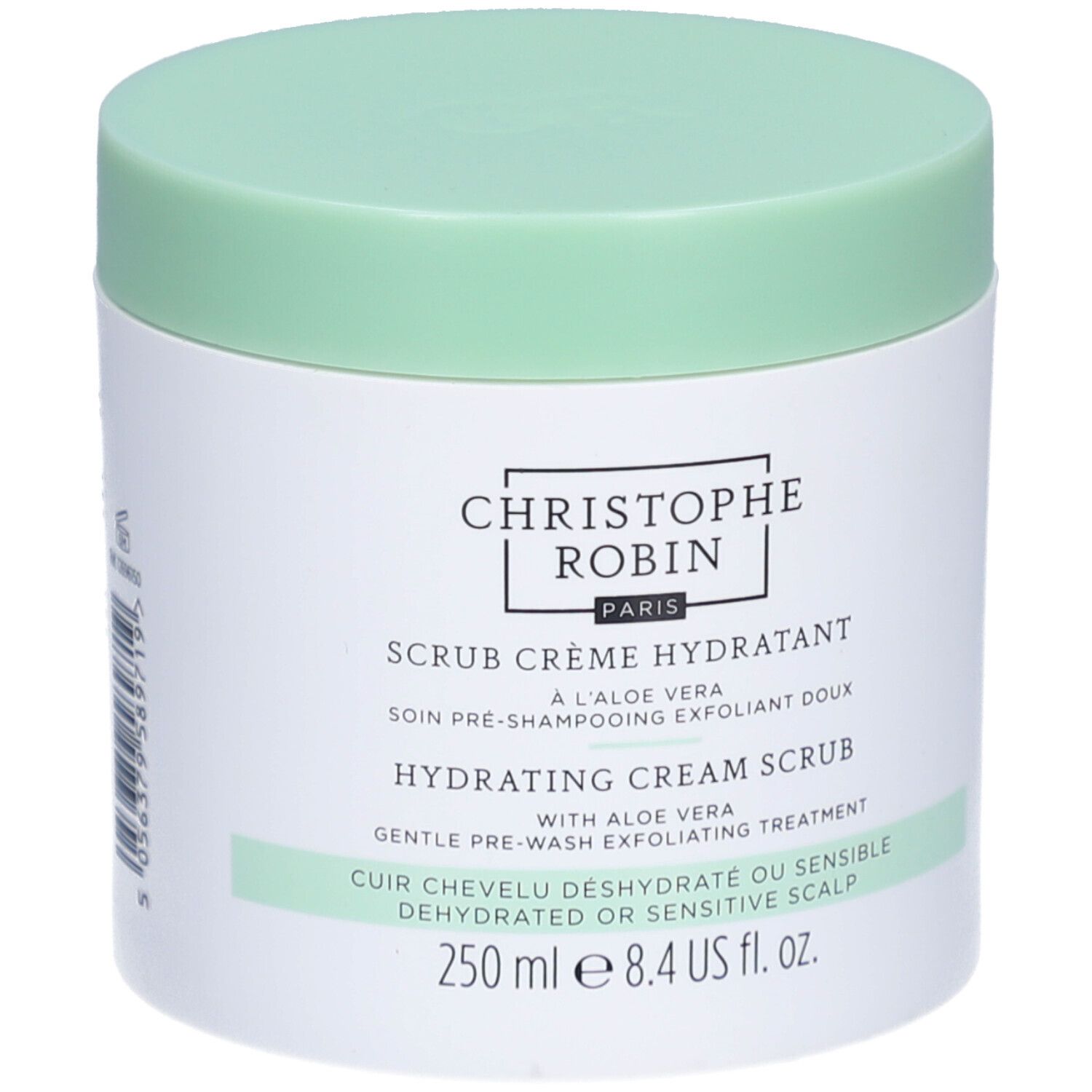 Weißer Tiegel mit hellgrünem Deckel. Aufschrift: Christophe Robin Paris, Hydrating Cream Scrub, 250 ml.