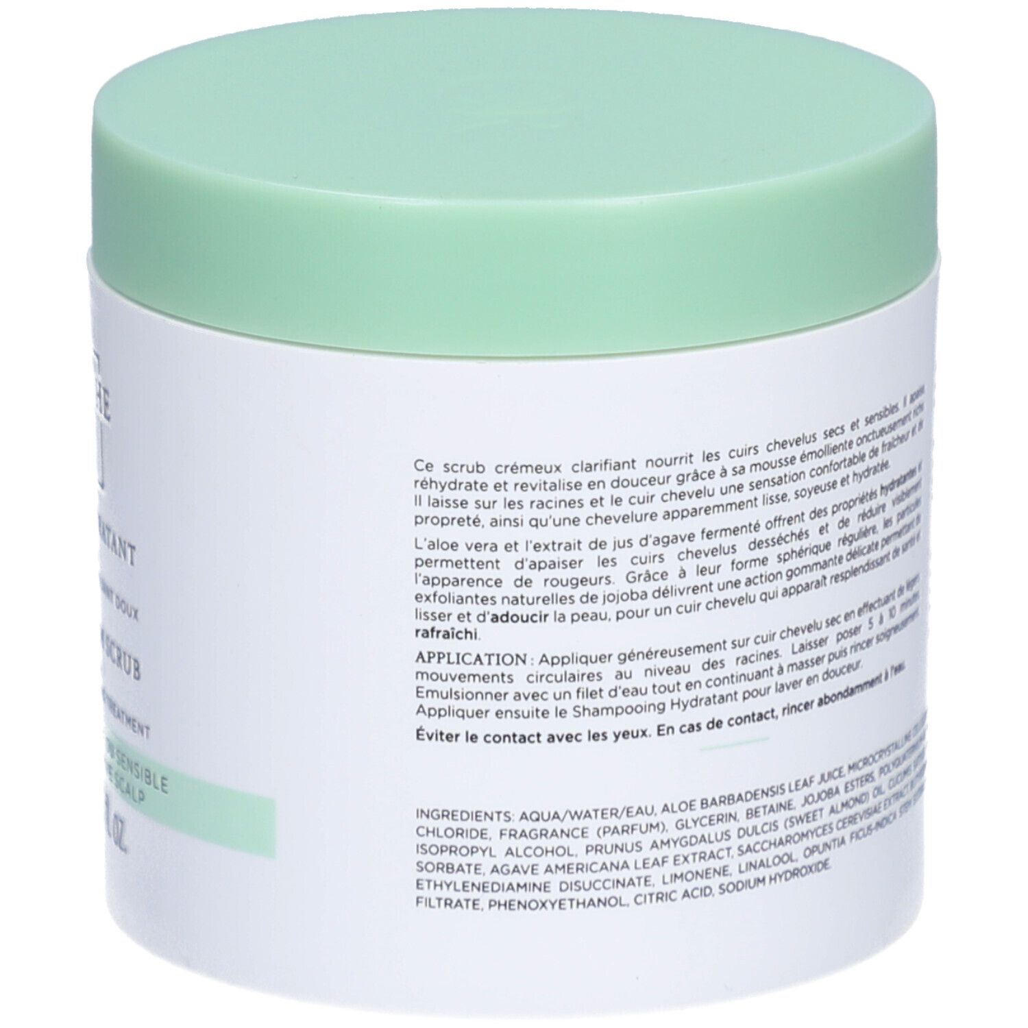 Rückseite des weißen Tiegels mit hellgrünem Deckel. Text mit Inhaltsstoffen und Anwendung.