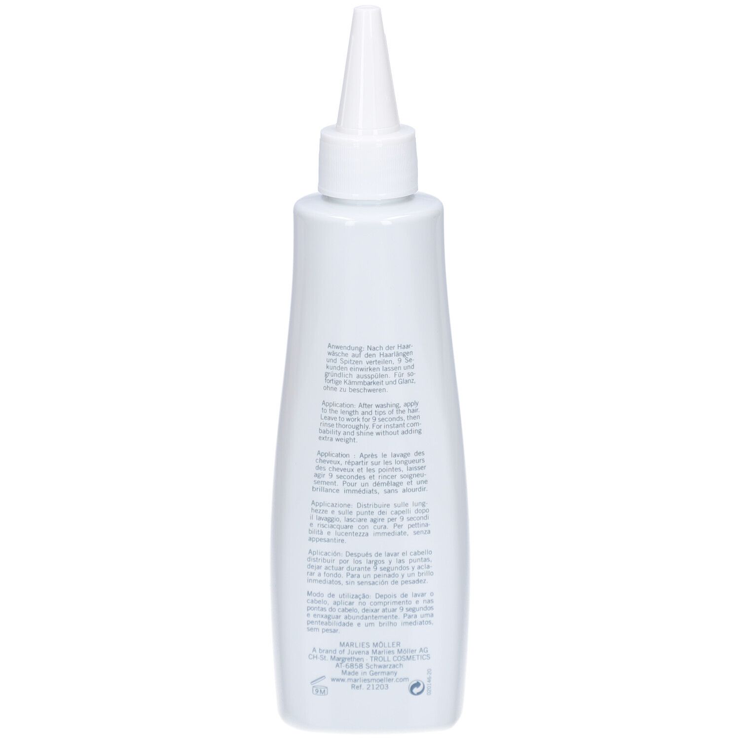 Rückseite der weißen Flasche. Text in mehreren Sprachen. Produktname: Marlies Möller, Lamellar Repair Essence.