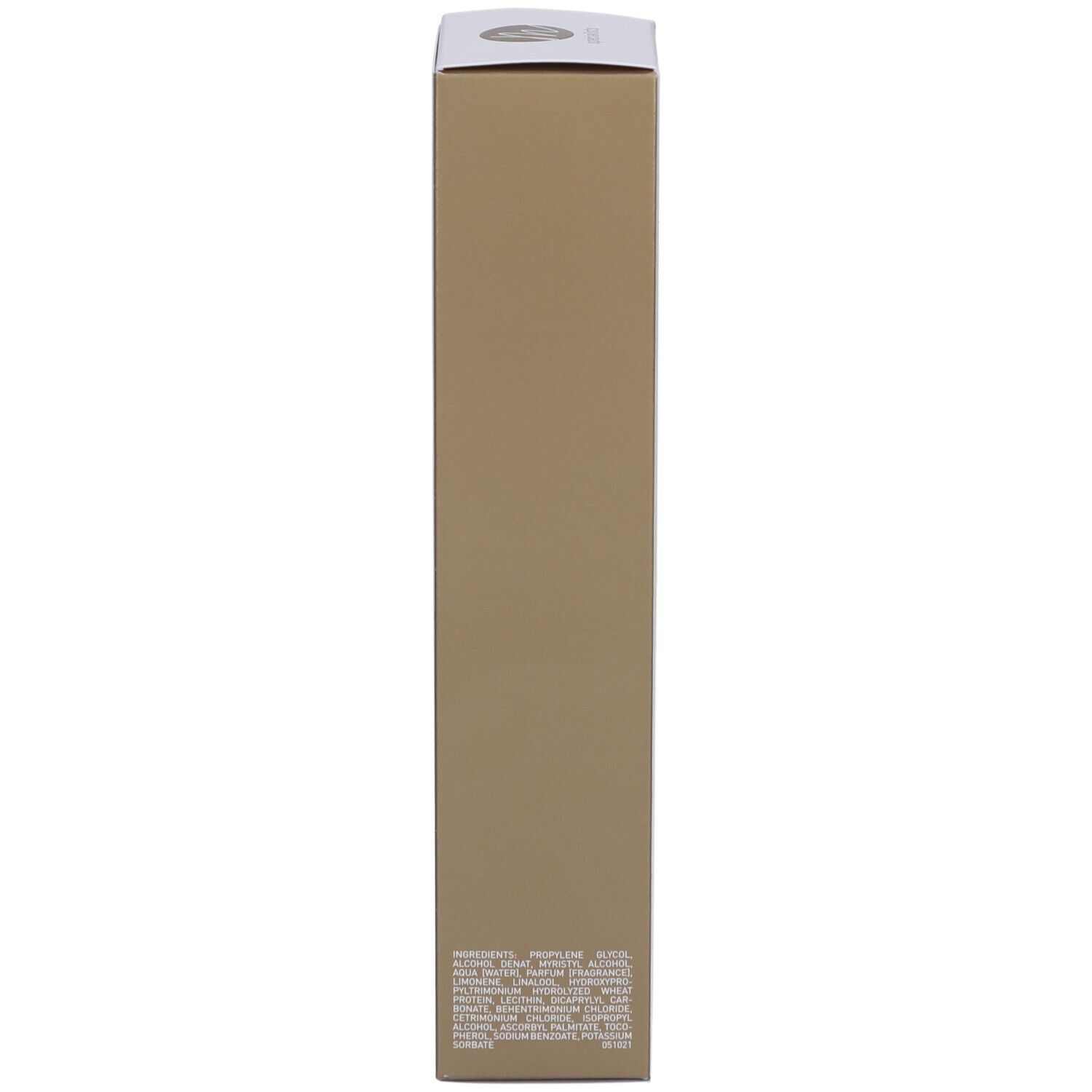 Braune Seite der Schachtel. Text mit Inhaltsstoffen und Informationen. Produktname: Marlies Möller, Lamellar Repair Essence.