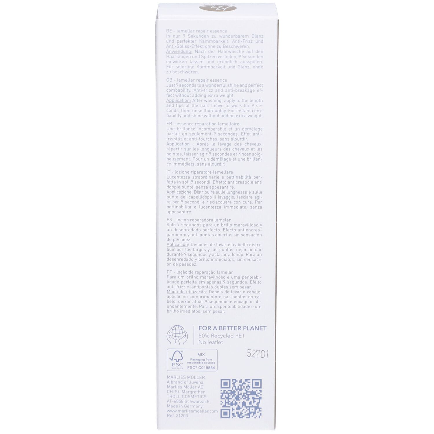 Rückseite der Schachtel. Text in mehreren Sprachen. Produktname: Marlies Möller, Lamellar Repair Essence.