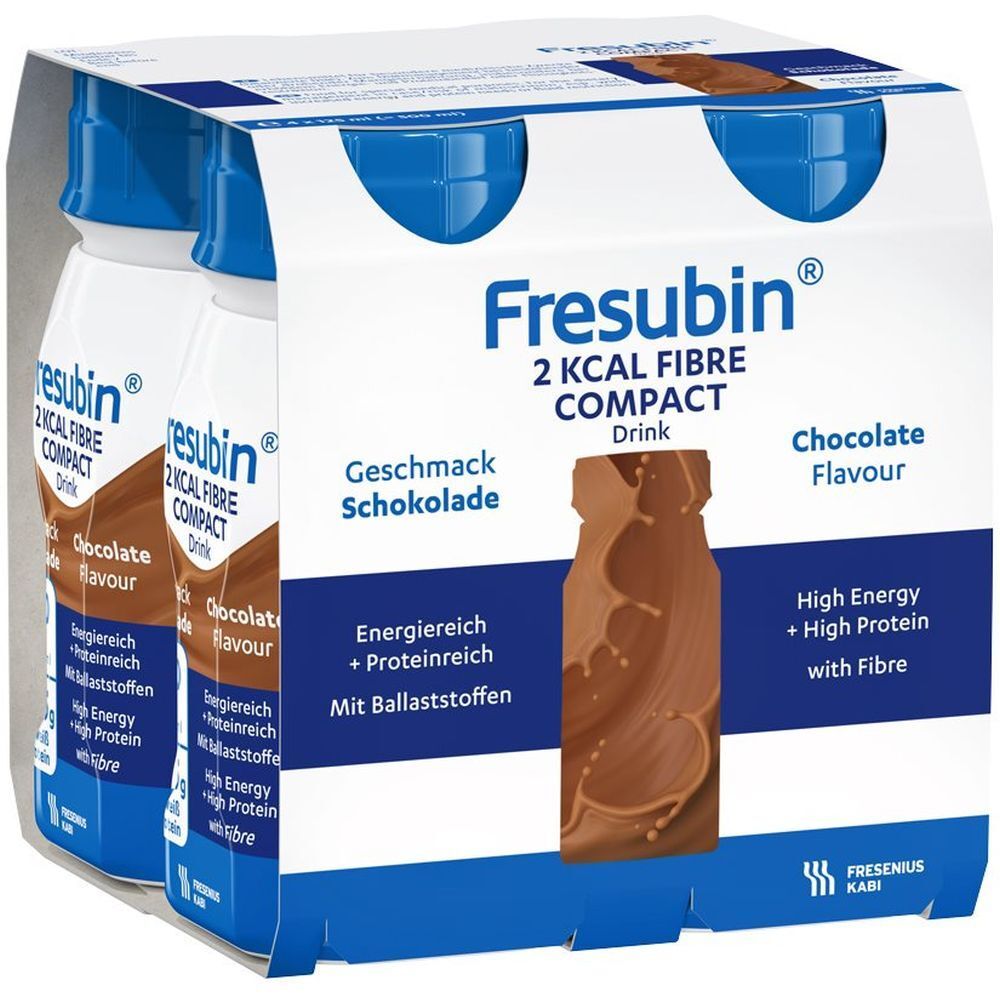 Emballage de bouteilles. Inscription: FRESUBIN® 2 kcal Fibre Compact Drink, goût chocolat. Riche en énergie et en protéines.