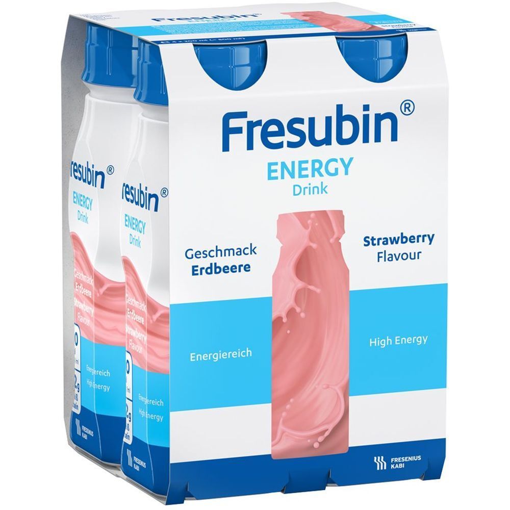 FRESUBIN® Energy Drink Erdbeere, 4 Flaschen in Verpackung. Blaue Deckel, weißes Etikett mit Produktabbildung und Schriftzug.