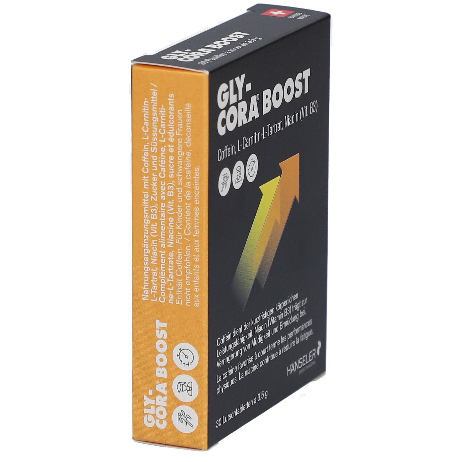 Schachtel "Gly-Cora Boost" in Schrägansicht. Schwarzer Hintergrund, gelber Pfeil. Enthält 30 Lutschtabletten.