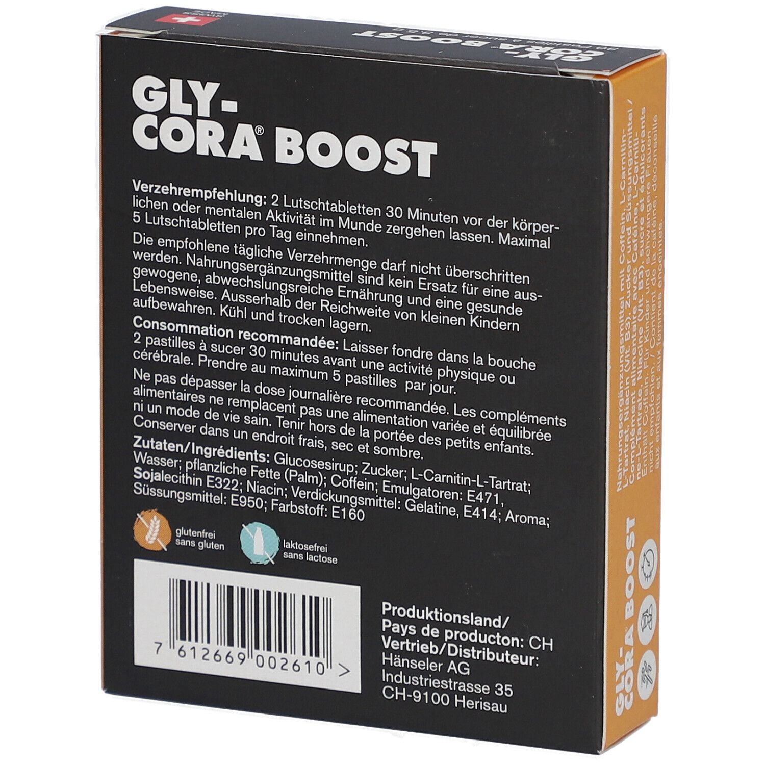 Rückseite der Schachtel "Gly-Cora Boost". Enthält Informationen zu Inhaltsstoffen und Verzehrempfehlung.