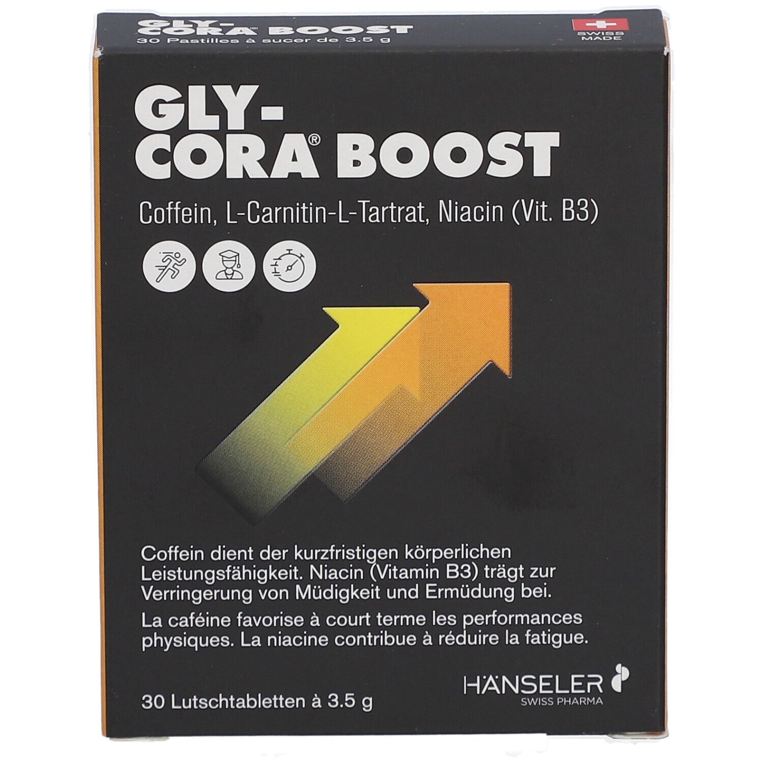 Vorderseite der Schachtel "Gly-Cora Boost". Schwarzer Hintergrund, gelber Pfeil. 30 Lutschtabletten.