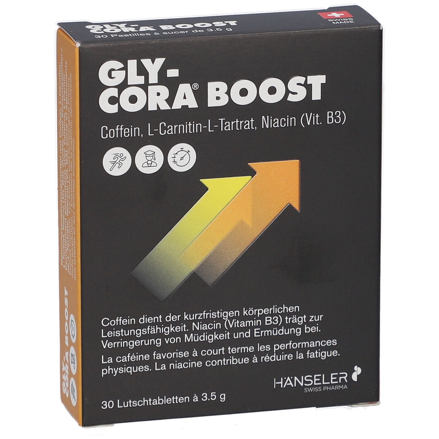 Vorderseite der Schachtel "Gly-Cora Boost". Schwarzer Hintergrund, gelber Pfeil. 30 Lutschtabletten.