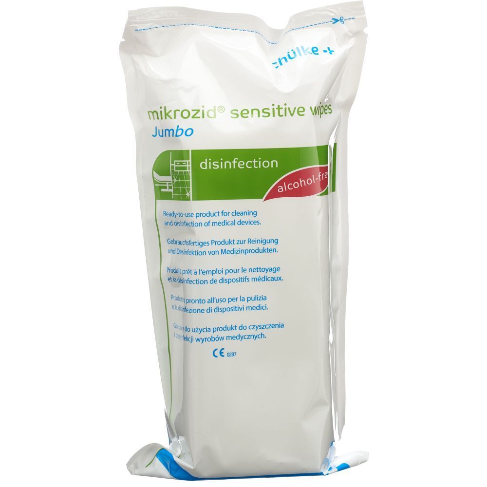 Verpackung von mikrozid® sensitive wipes Jumbo. Aufschrift: "Desinfektion", "alkoholfrei". Produkt zur Reinigung und Desinfektion von Medizinprodukten.