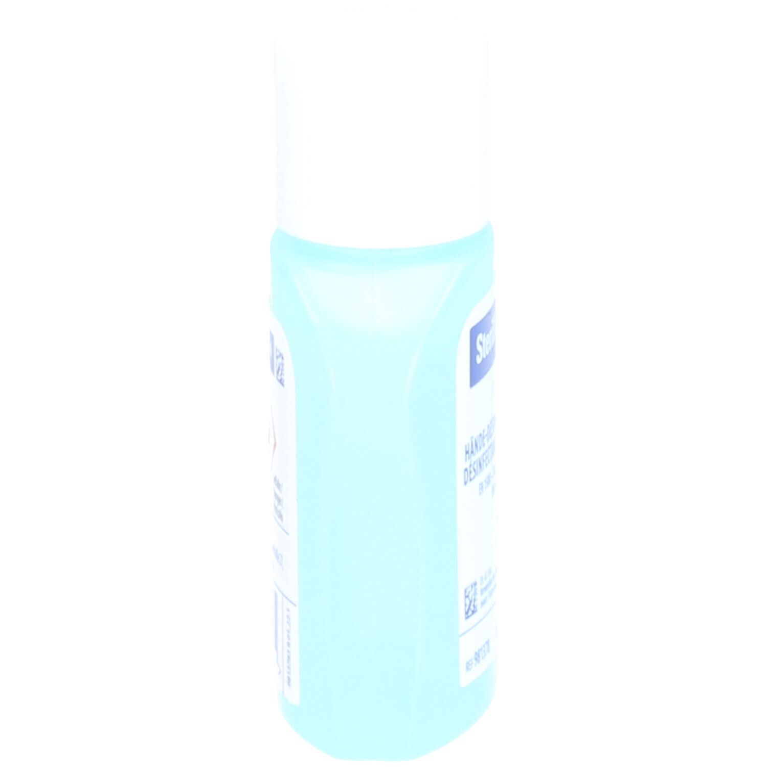 Blaue Flasche mit weißem Deckel, Seitenansicht. Text teilweise sichtbar.