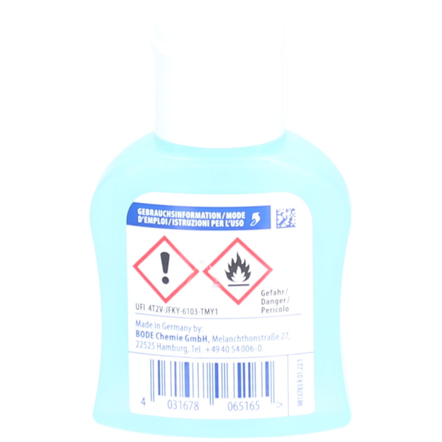Rückseite der blauen Flasche mit weißem Deckel. Warnhinweise und Herstellerinformationen.