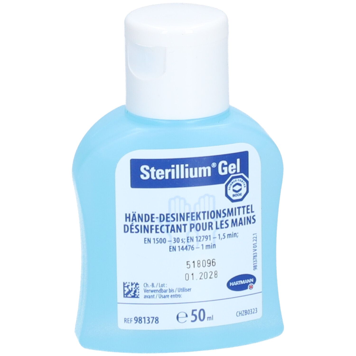 Blaue Flasche mit weißem Deckel. Aufschrift: Sterillium Gel, Hände-Desinfektionsmittel. 50ml.