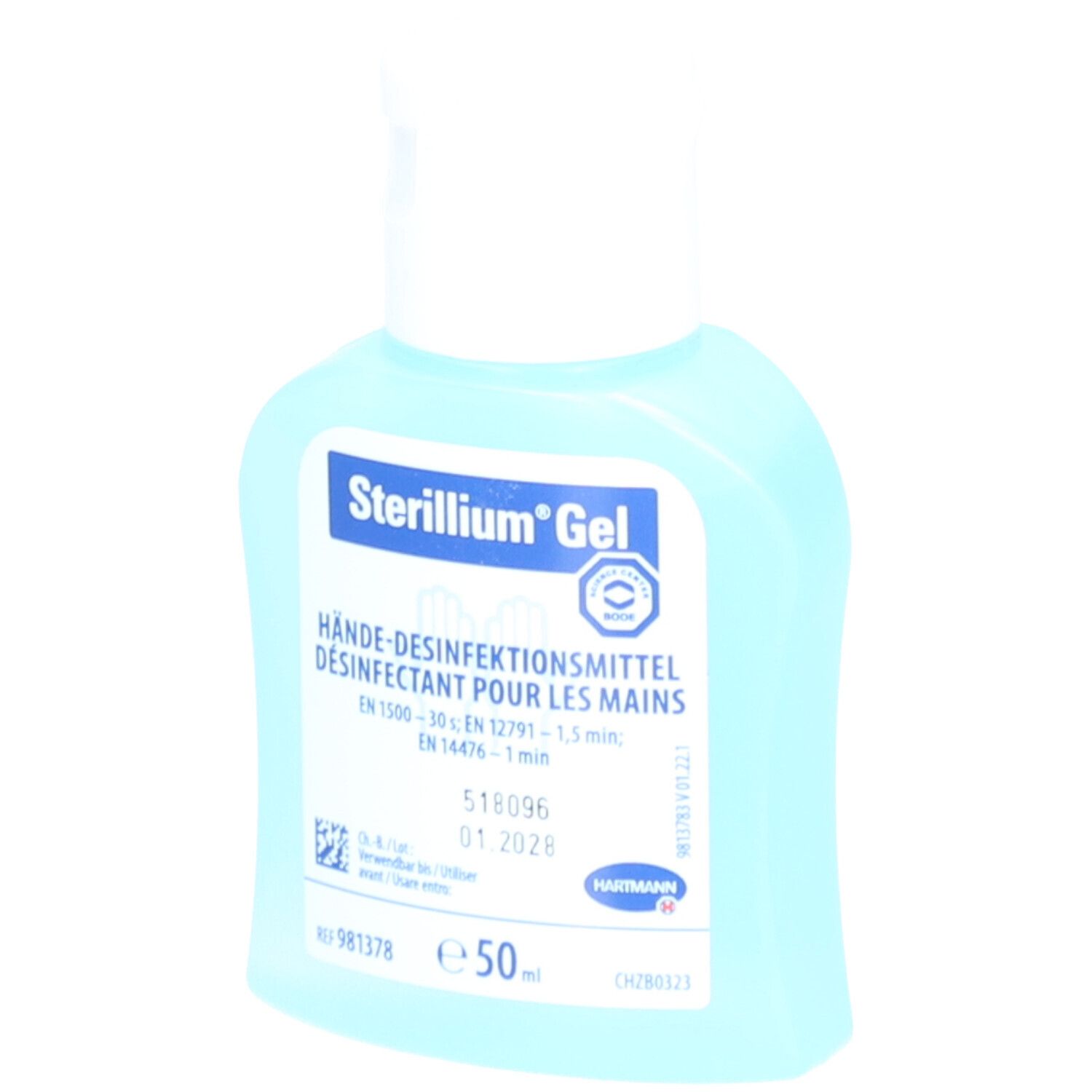 Blaue Flasche mit weißem Deckel. Aufschrift: Sterillium Gel, Hände-Desinfektionsmittel. 50ml.