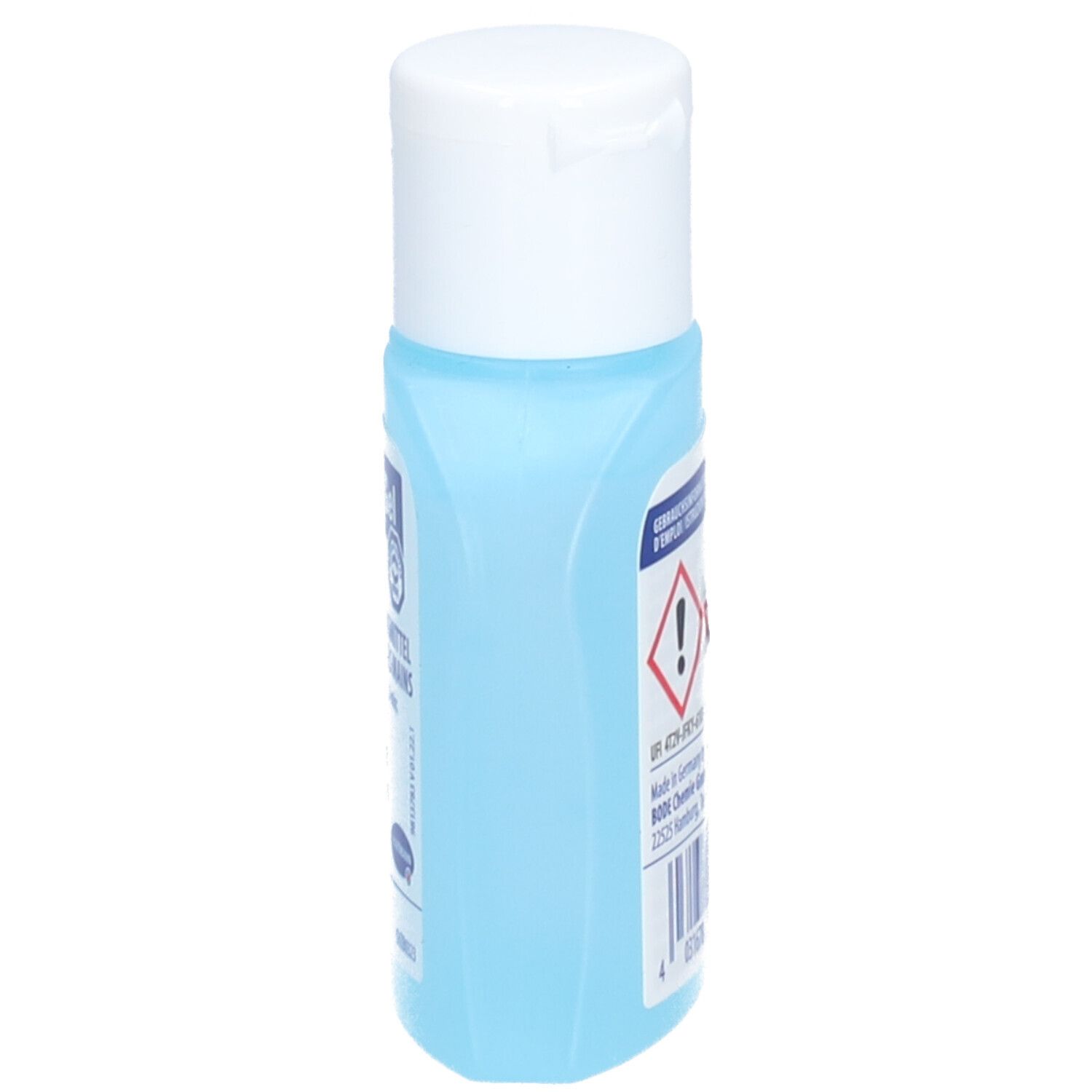 Blaue Flasche mit weißem Deckel, Seitenansicht. Warnhinweise und Herstellerinformationen.