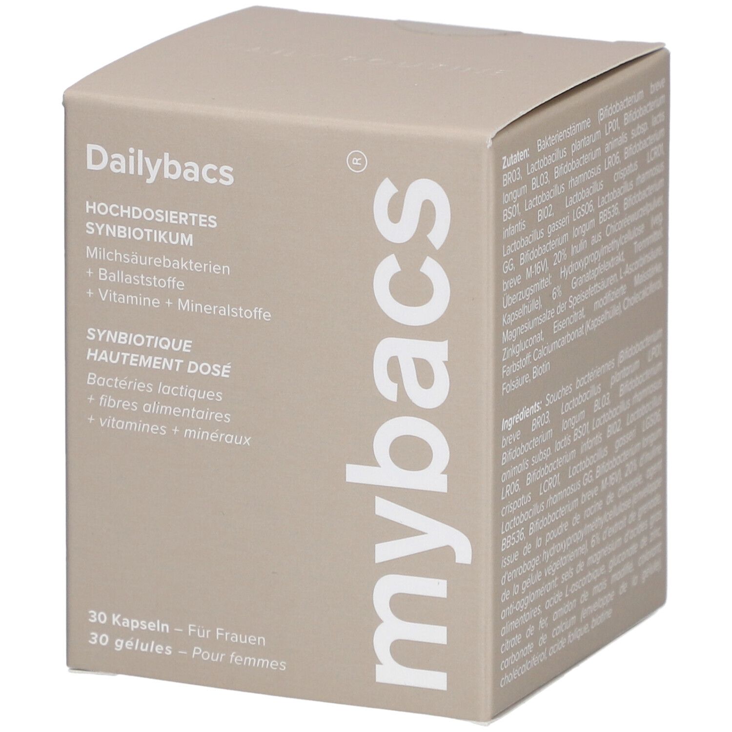 Beige Kartonbox mit "mybacs Dailybacs"-Logo. Enthält 30 Kapseln für Frauen. Text: Hochdosiertes Synbiotikum.