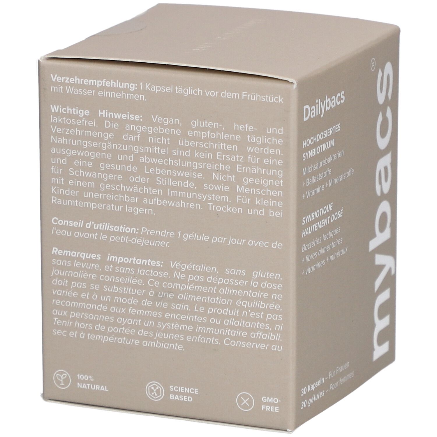 Rückseite der Box. Text: Verzehrempfehlung, wichtige Hinweise, 100% natürlich, Science Based, GMO-frei. Beige Hintergrund.