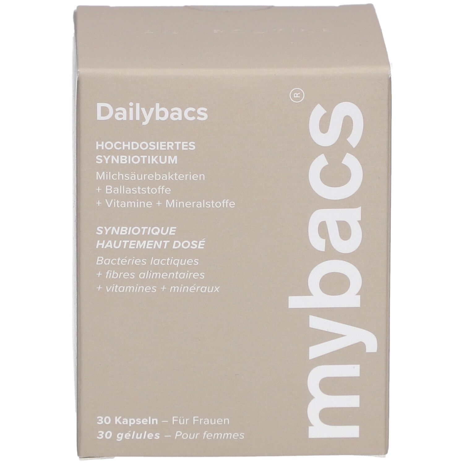 Beige Box mit "Dailybacs"-Logo. Text: Hochdosiertes Synbiotikum, 30 Kapseln - Für Frauen. Beige Hintergrund.