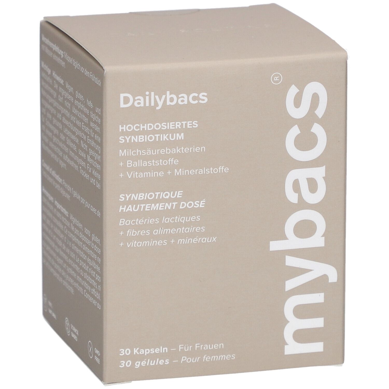 Beige Box mit "Dailybacs"-Logo. Text: Hochdosiertes Synbiotikum, 30 Kapseln - Für Frauen. Beige Hintergrund.
