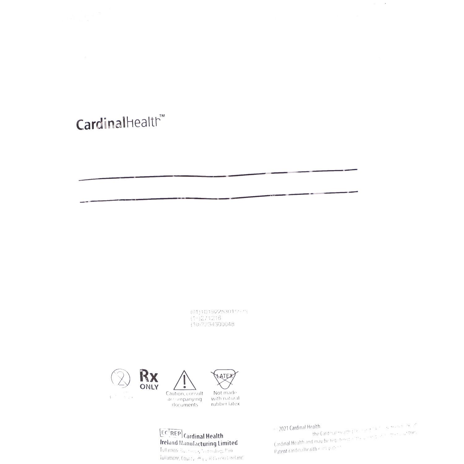 Text: Cardinal Health. Symbole: Rx Only, Latex-Warnung. Text: Cardinal Health Ireland Manufacturing Limited.