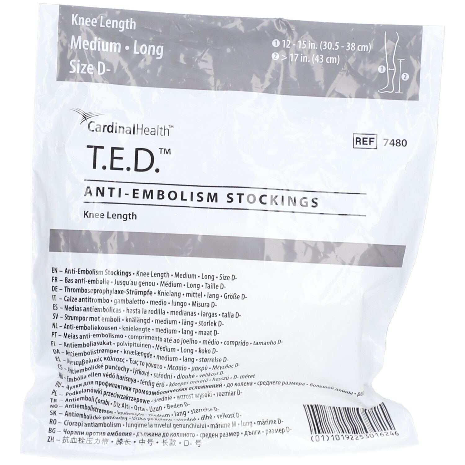 Emballage de bas genou T.E.D. Anti-embolie. Taille moyenne, longue. Texte multilingue.