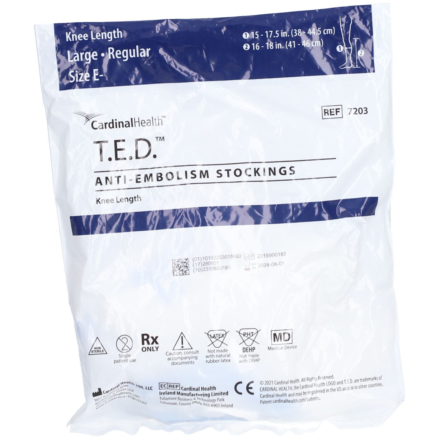 Emballage de bas anti-embolie T.E.D. Taille L, régulière. Informations sur la taille et les certifications.