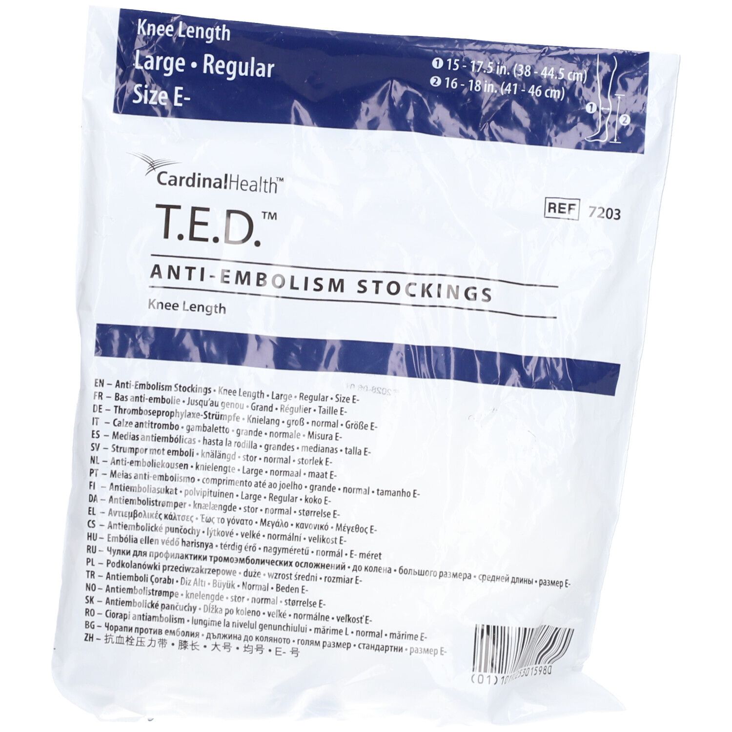Emballage de bas anti-embolie T.E.D. Taille L, régulière. Informations multilingues sur le produit.