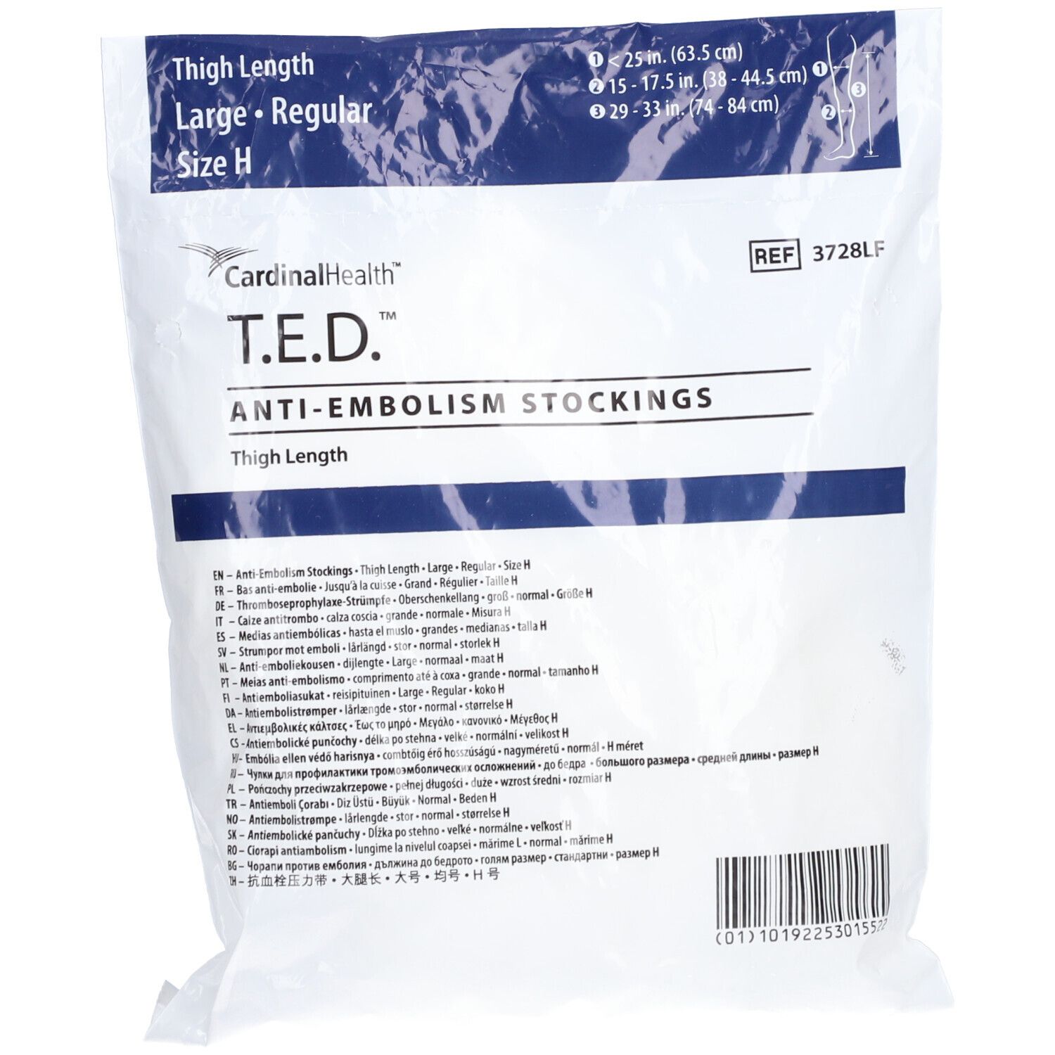 Verpackung mit medizinischen Strümpfen. Aufschrift: T.E.D. Anti-Embolie-Strümpfe. Größe H, Oberschenkel-Länge. Mehrsprachige Informationen.