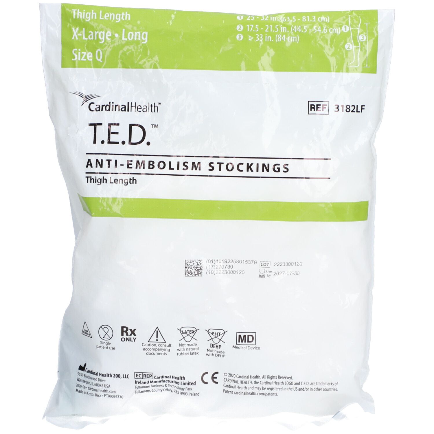 Emballage de bas anti-embolie T.E.D. de Cardinal Health. Taille XL-Long. Informations sur la taille et les symboles.