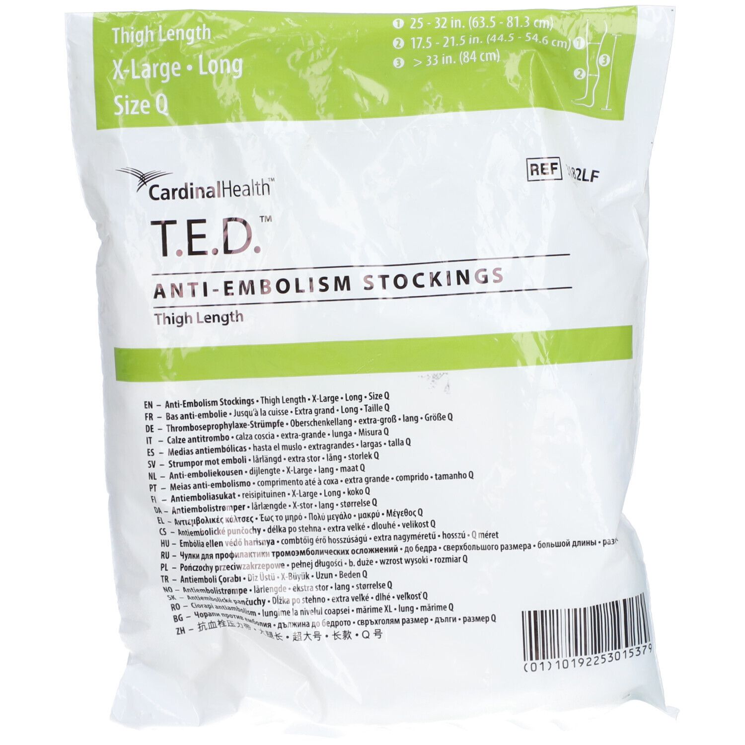 Emballage de bas anti-embolie T.E.D. de Cardinal Health. Taille XL-Long. Informations multilingues.