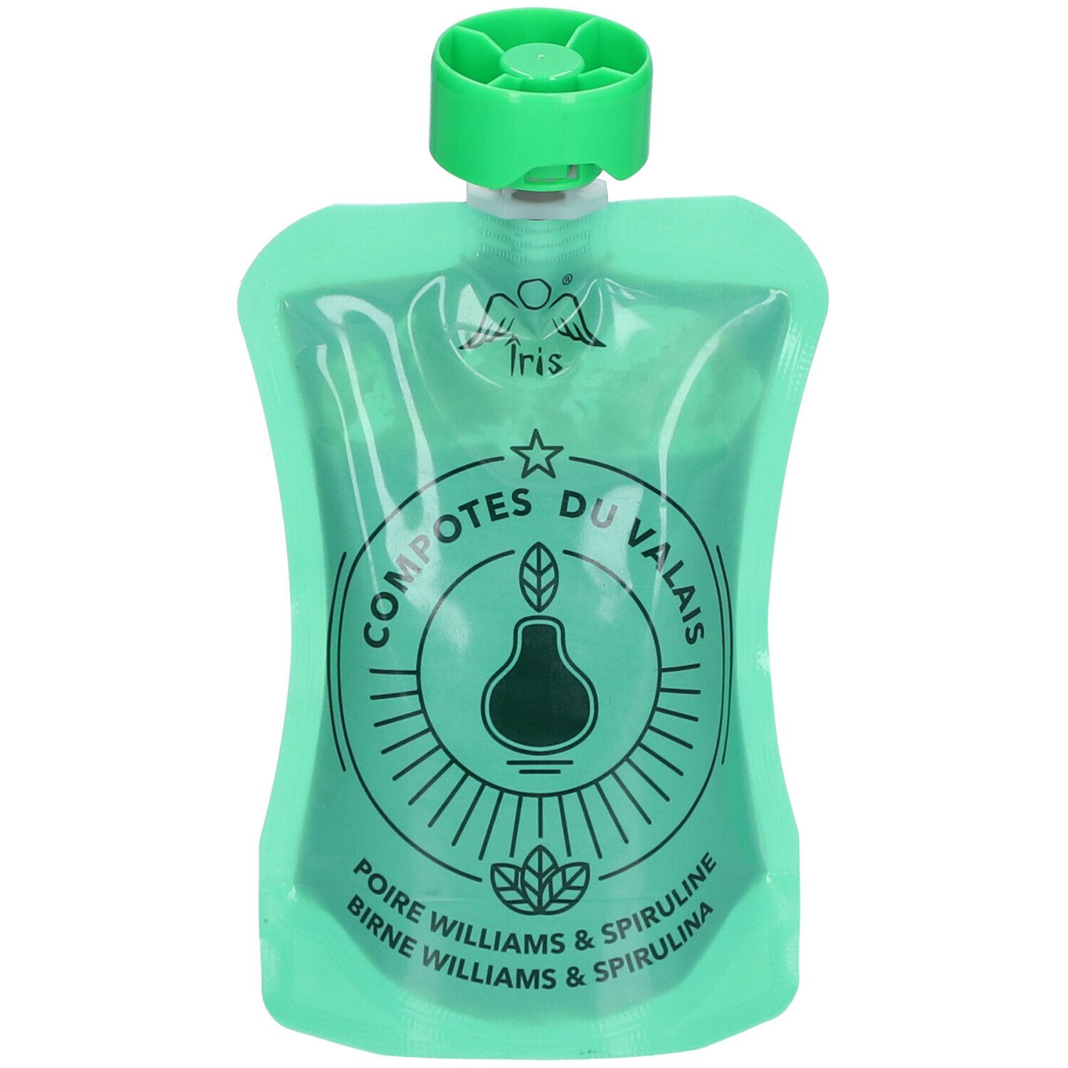 Sachet vert avec bouchon vert. Inscription: Iris, poire, spiruline, Compotes du Valais.