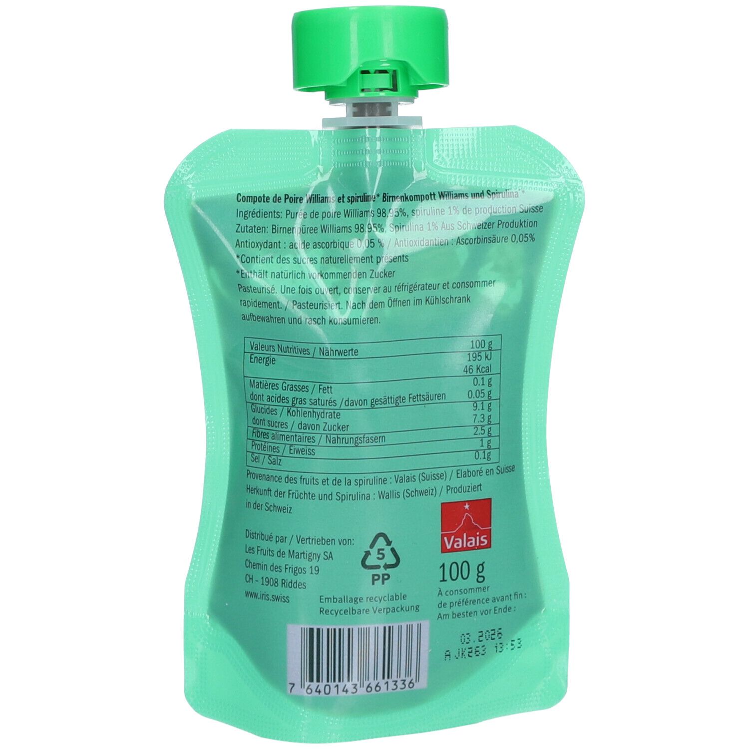 Dos du sachet vert. Texte avec informations nutritionnelles et ingrédients. Inscription: 100 g, Valais.