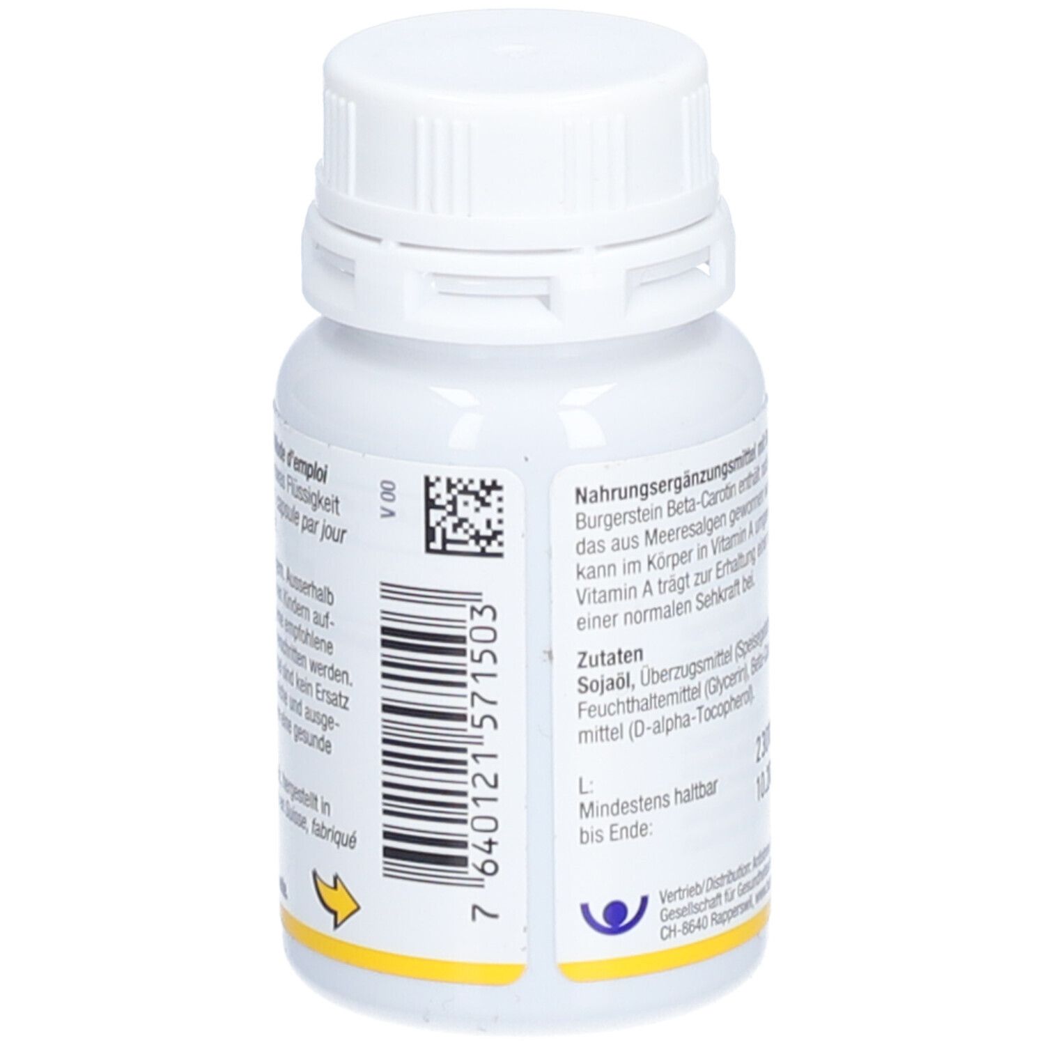 Rückseite der weißen Flasche Burgerstein Beta-Carotin. Barcode und weitere Informationen.