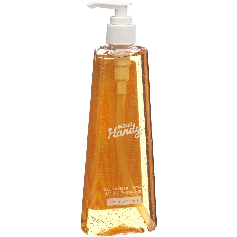 Gel Nettoyant Mains Hallo Sonnenschein Merci Handy. Flacon transparent avec pompe blanche. Nom du produit et texte.