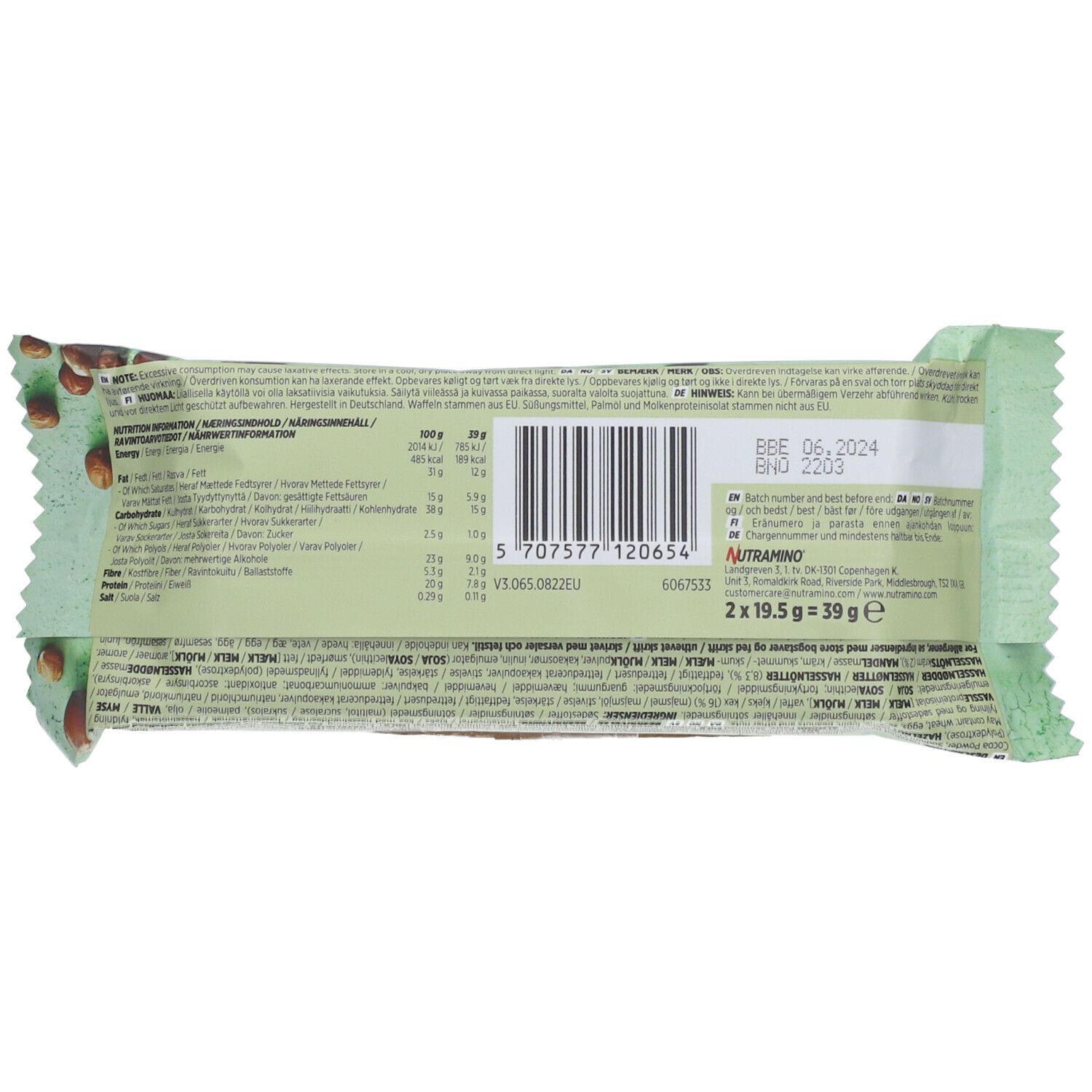 Rückseite der NUTRAMINO Proteinwaffel-Verpackung. Enthält Nährwertangaben, Barcode und Mindesthaltbarkeitsdatum. 2 x 19,5g = 39g.