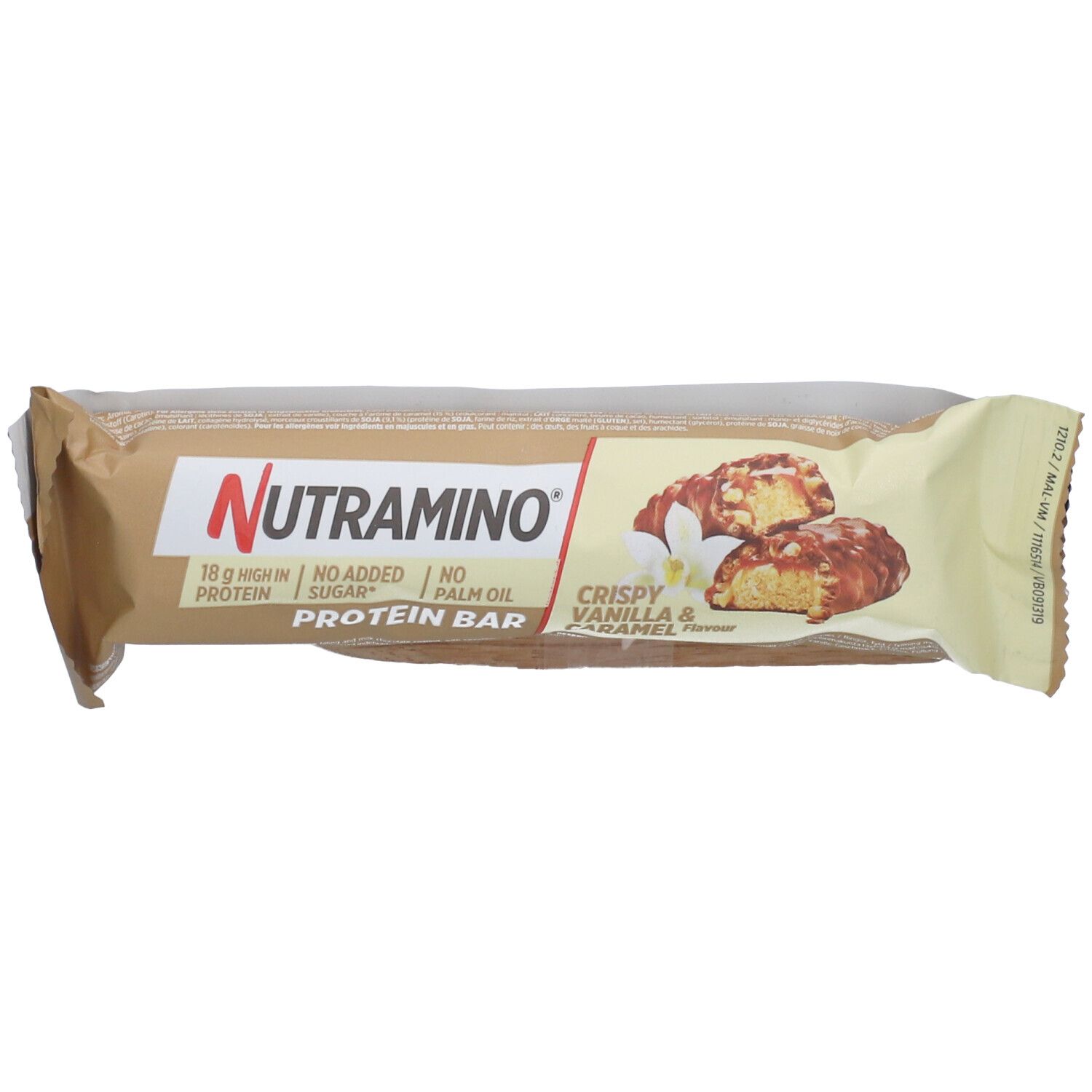 Proteinriegel in Verpackung. Aufdruck: Nutramino, Crispy Vanille & Karamell, 18g Protein, ohne Zuckerzusatz, ohne Palmöl.