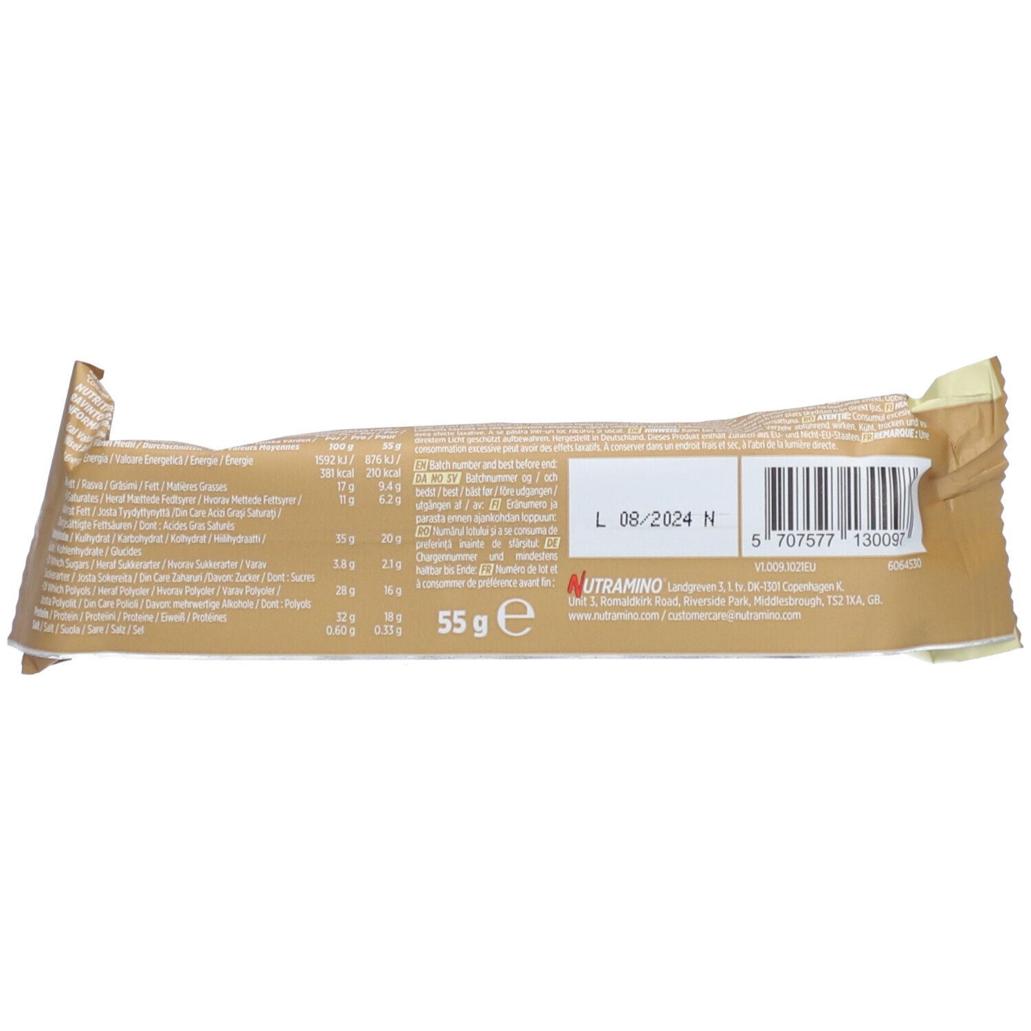 Rückseite der Proteinriegel-Verpackung. Enthält Nährwertangaben, Barcode und das Logo von Nutramino. Gewicht: 55 g.
