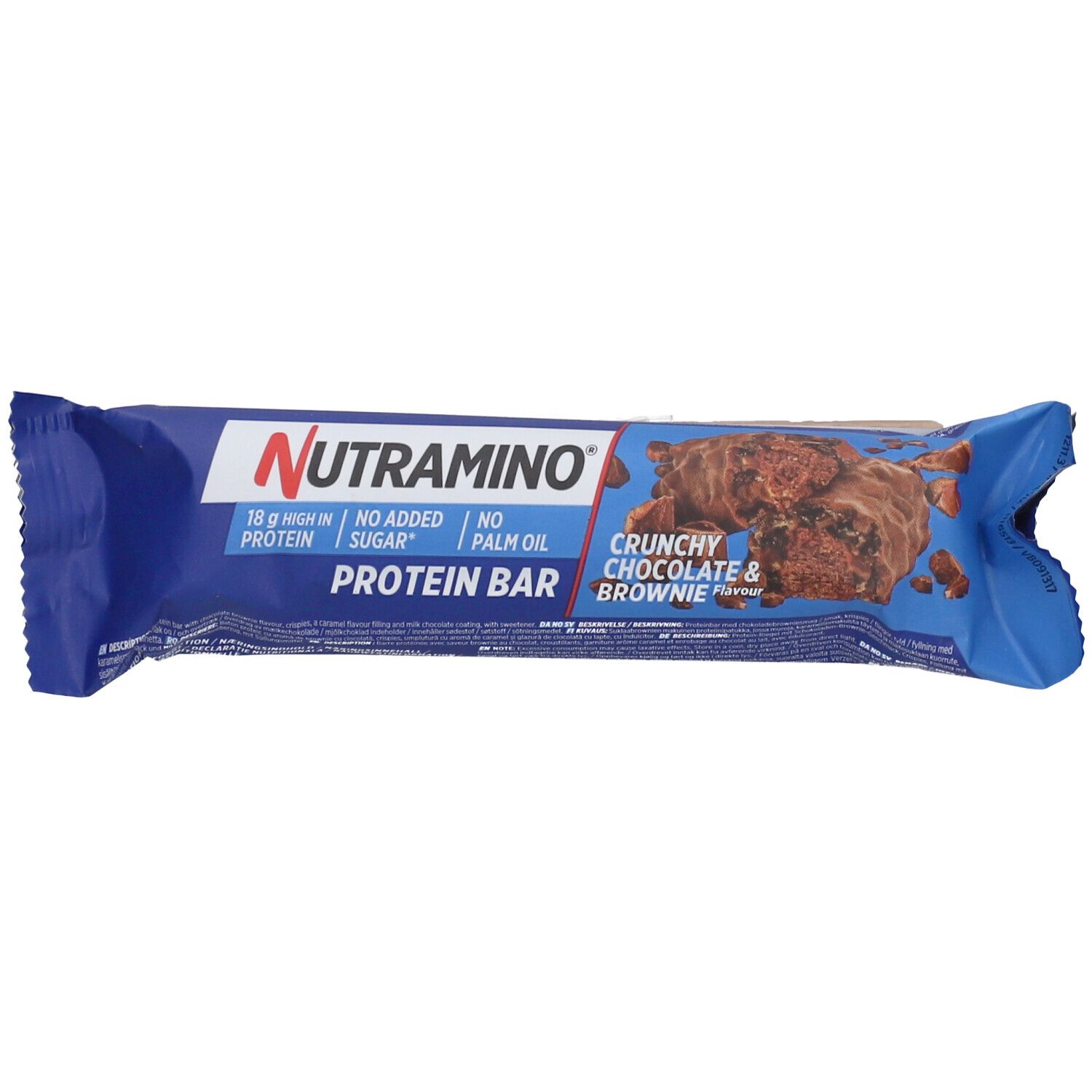 Barre protéinée emballée en bleu. Inscription: NUTRAMINO, Protein Bar, Crunchy Chocolate & Brownie. Contient 18g de protéines.