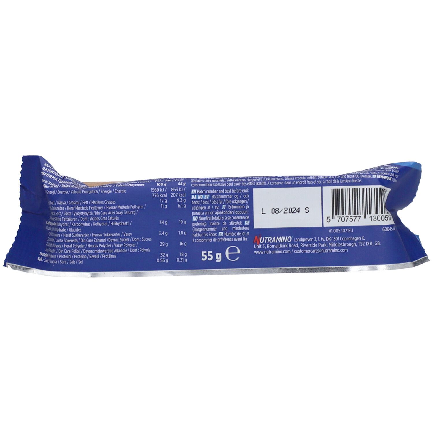 Dos de l'emballage de la barre protéinée. Contient des informations nutritionnelles et un code-barres. Poids: 55g. Marque: NUTRAMINO.