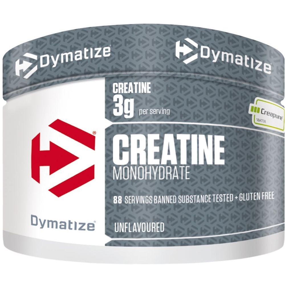 Dymatize Creatine Monohydrate. Dose mit weißem Etikett, grauem Deckel. Enthält 88 Portionen. Glutenfrei.