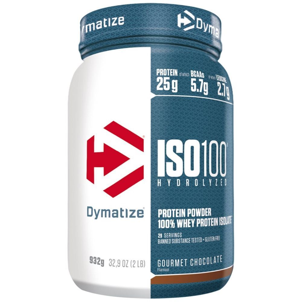 Weiß-blaue Dose mit ISO100-Logo und Produktinformationen. Enthält 25g Protein, 5.7g BCAAs, 2.7g Leucin. Geschmack: Gourmet Chocolate.