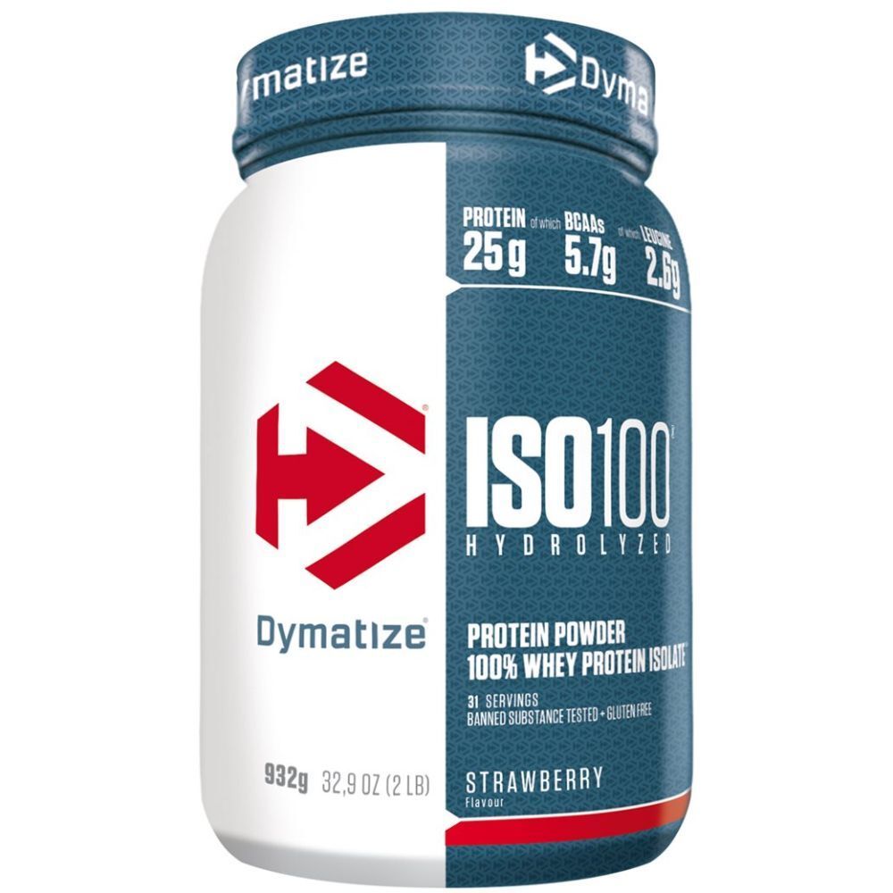 Weiß-blaue Dose mit rotem Pfeil-Logo. Aufschrift: ISO100 HYDROLYZED, Protein Powder, 100% Whey Protein Isolate, Erdbeer-Geschmack.