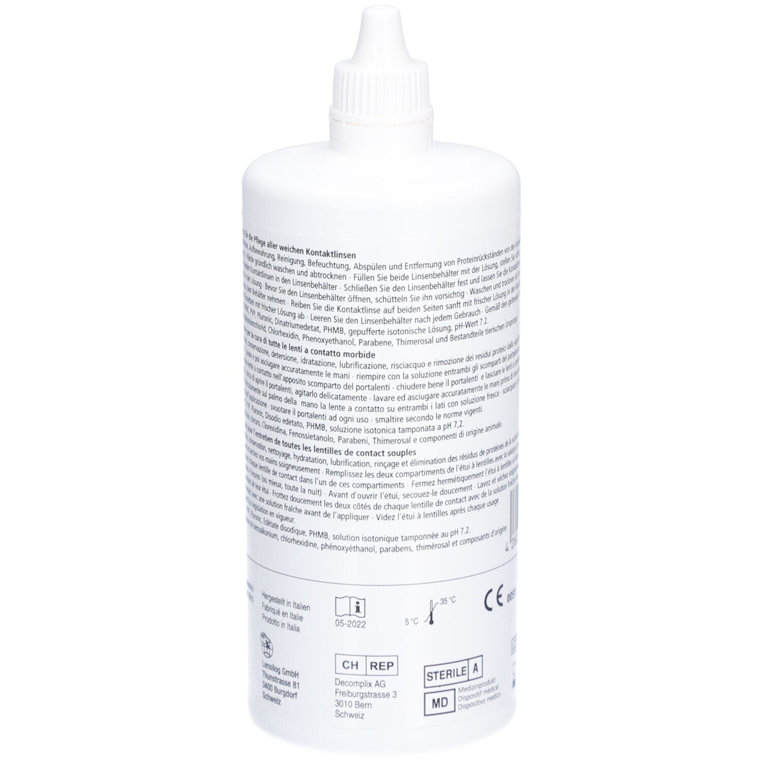 Weiße Flasche mit Schraubverschluss. Text mit Produktinformationen. CE-Kennzeichnung und Steril-A-Siegel.