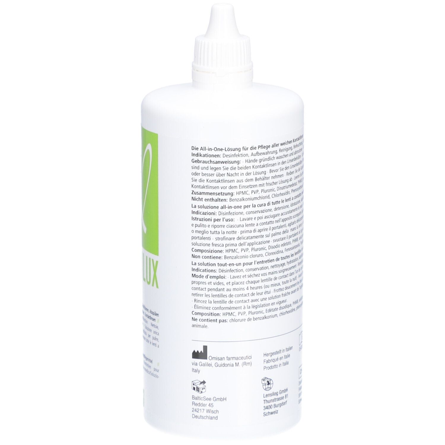Weiße Flasche mit Schraubverschluss. Grünes Etikett mit Produktnamen und Text. CE-Kennzeichnung.