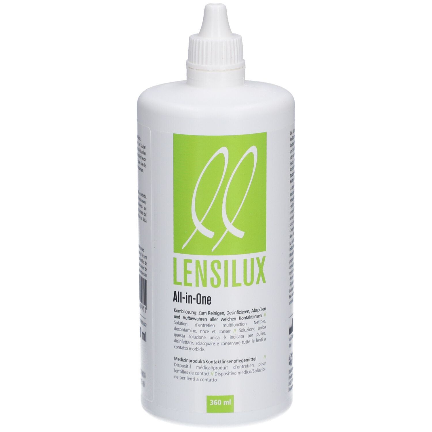 Weiße Flasche mit Schraubverschluss. Grünes Etikett mit Produktnamen LENSILUX All-in-One und Text. 360 ml.