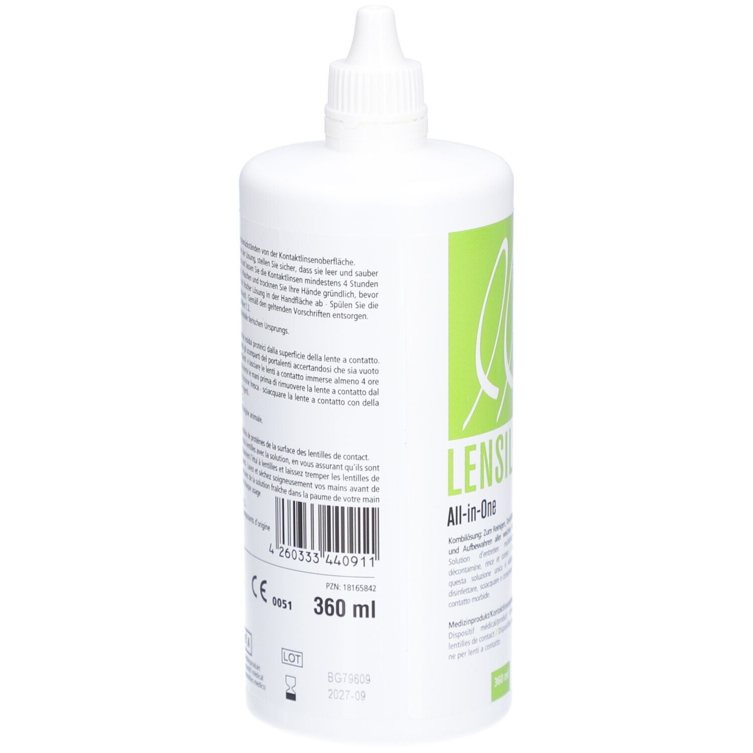 Weiße Flasche mit Schraubverschluss. Grünes Etikett mit Produktinformationen und CE-Kennzeichnung. 360 ml.