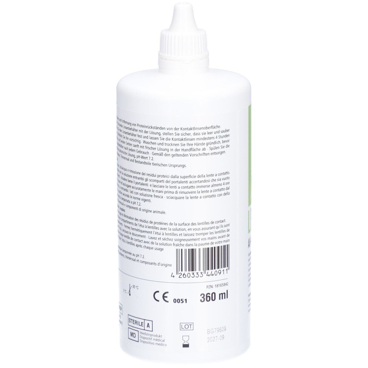 Weiße Flasche mit Schraubverschluss. Grünes Etikett mit Produktinformationen und CE-Kennzeichnung. 360 ml.