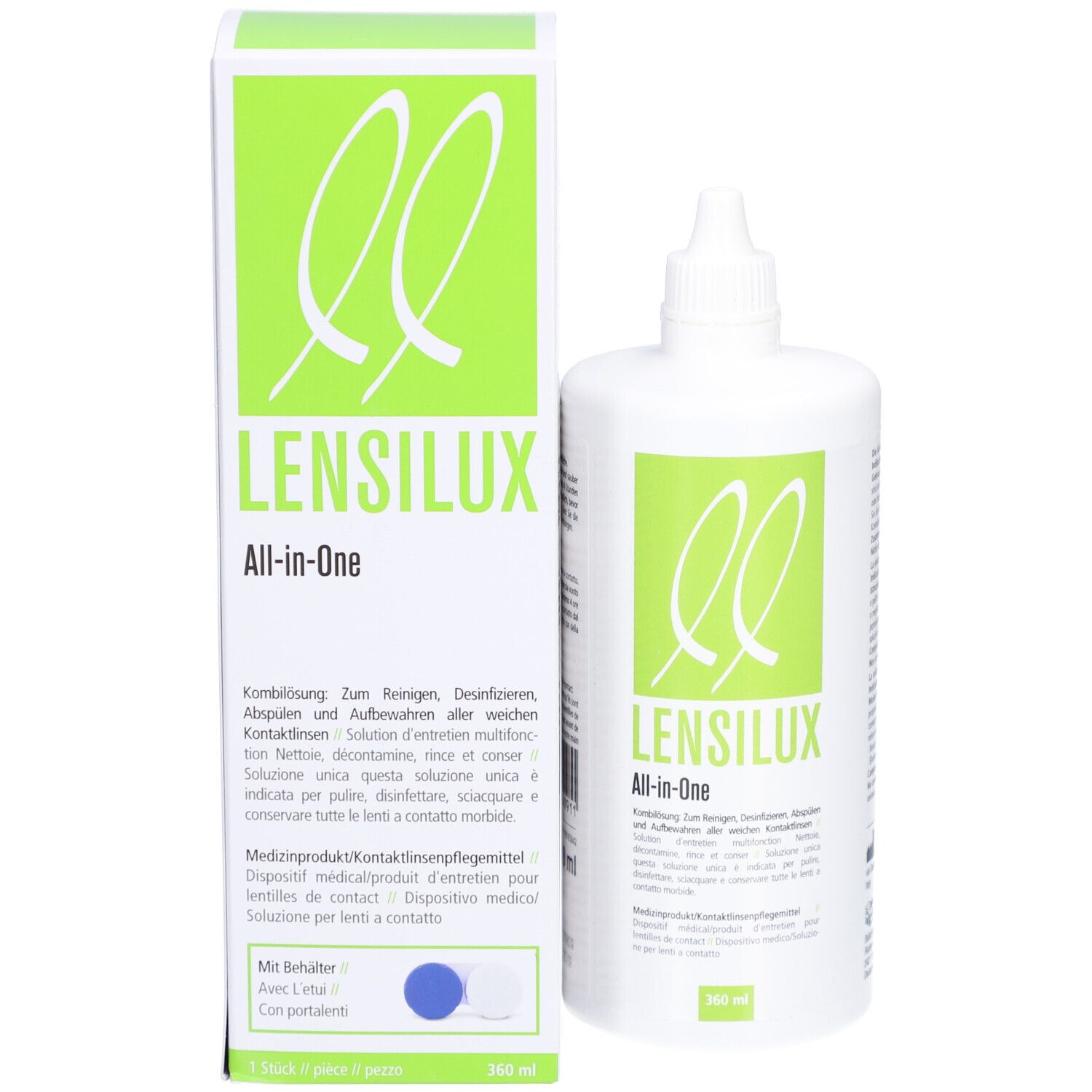 Produkt LENSILUX All-in-One und Verpackung. Weiße Flasche und grüne Verpackung. 360 ml. Mit Behälter.