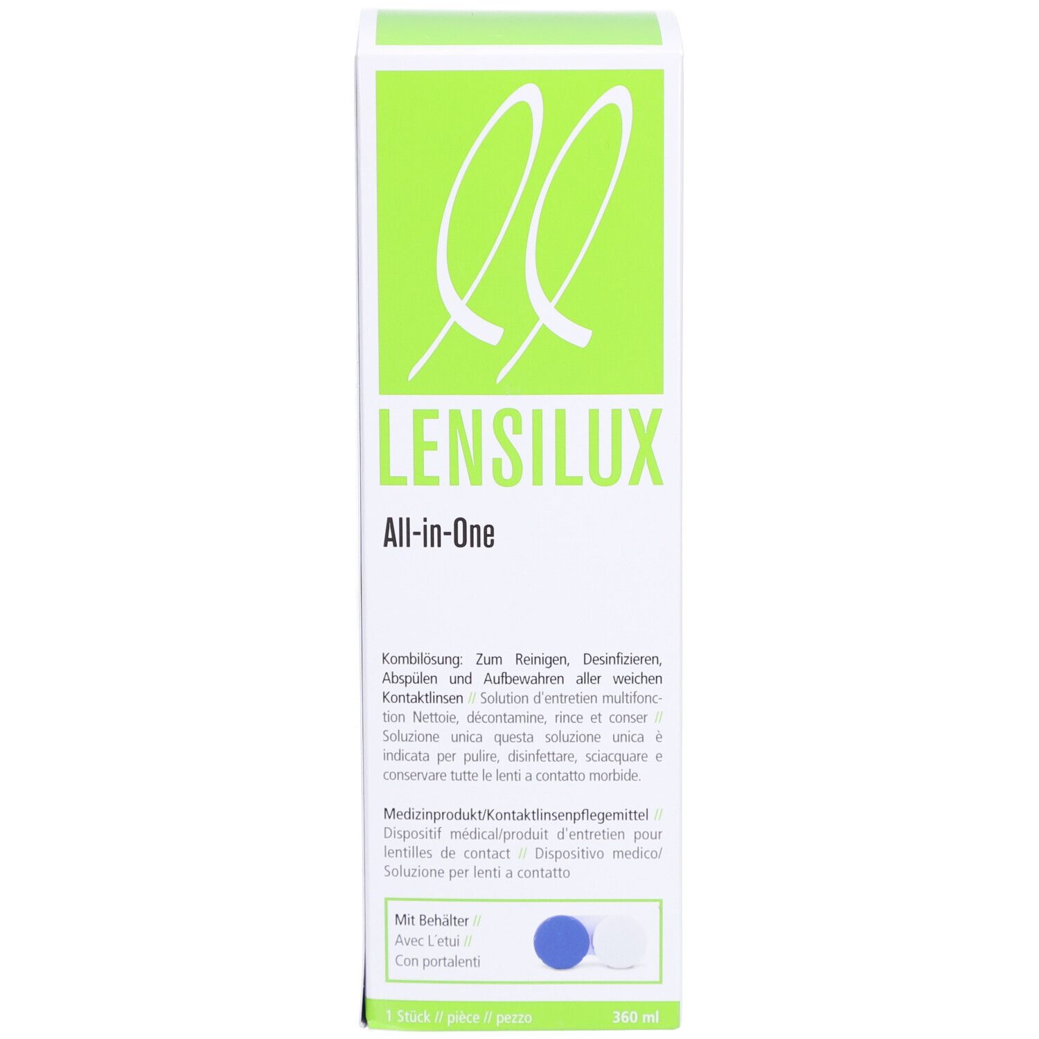 Grüne Verpackung mit Produktnamen LENSILUX All-in-One. Mit Behälter. 180 ml.