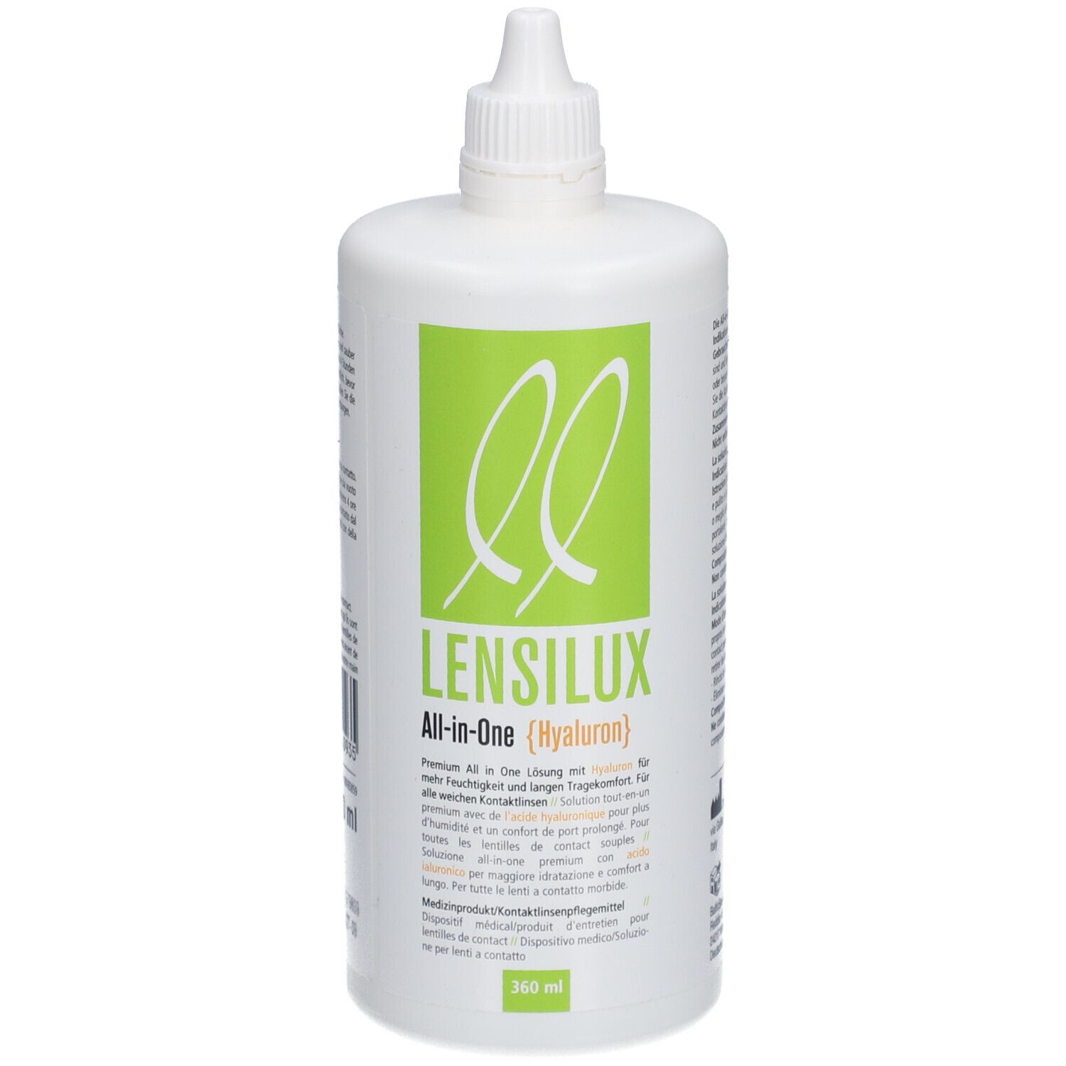 Weiße Flasche mit grünem Etikett. Aufschrift: LENSILUX All-in-One (Hyaluron). 360 ml.