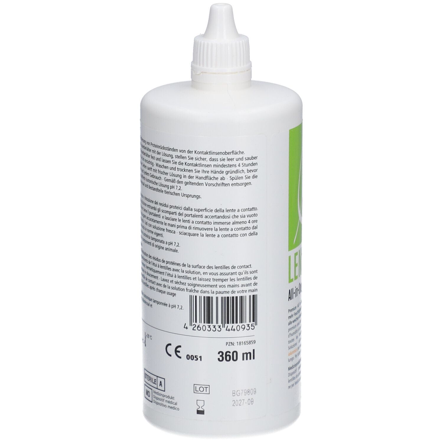 Rückseite der weißen Flasche. Text in mehreren Sprachen. 360 ml. CE-Kennzeichnung.