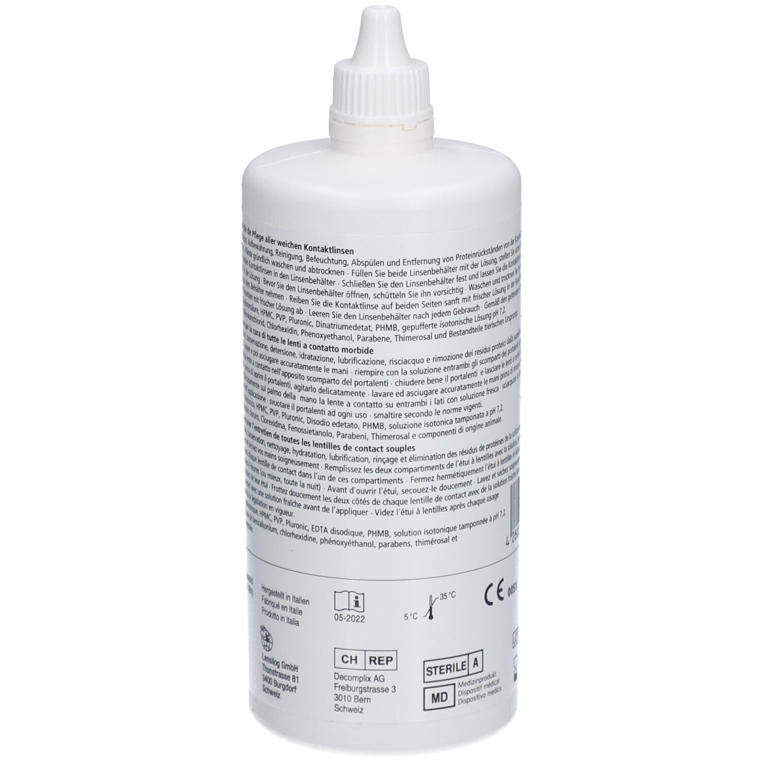 Rückseite der weißen Flasche. Text in mehreren Sprachen. Steril A. MD-Kennzeichnung.